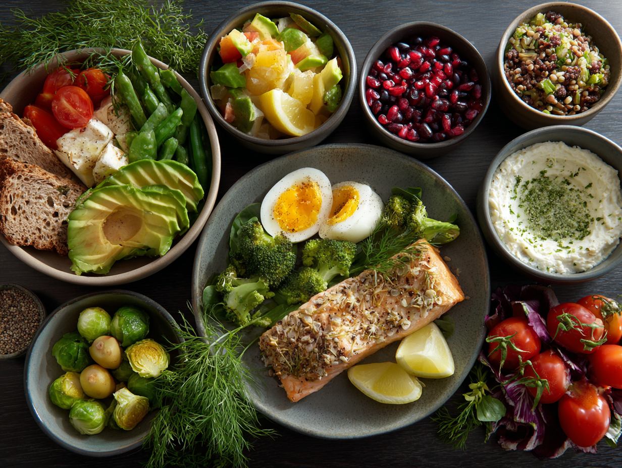 Різноманітні свіжі продукти для збалансованого харчування